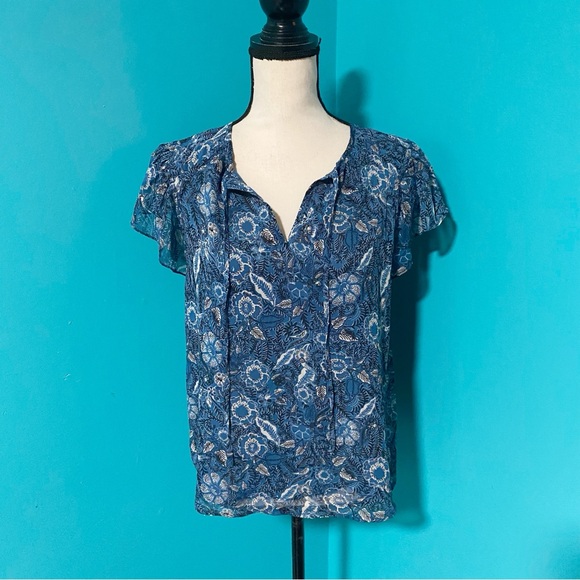 Joie S Blue Floral Metallic Flutter Sleeve Split Neck Chiffon Blouse - Picture 1 of 5